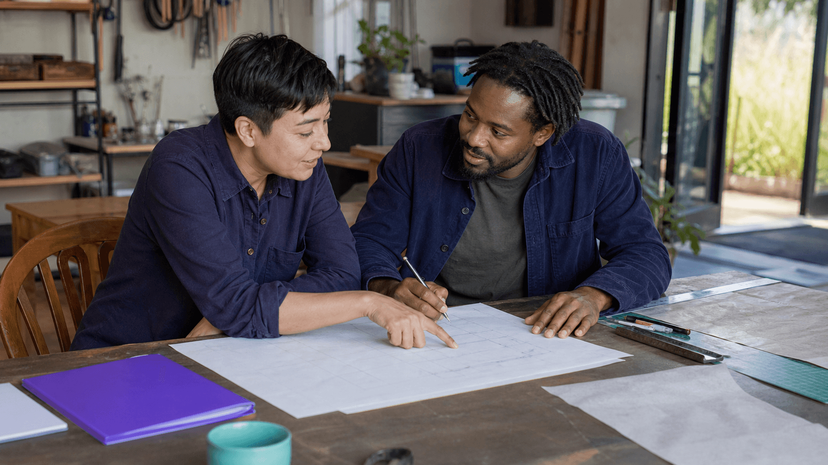 Two people working through an idea together at a table